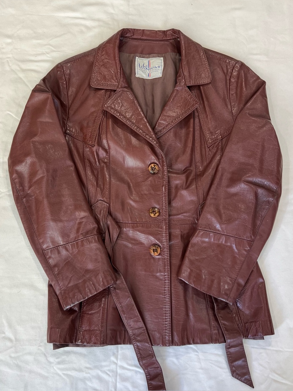 Wilson Vintage 70s Burgundy Belted Leather Jacket Boho Western Trench Coat